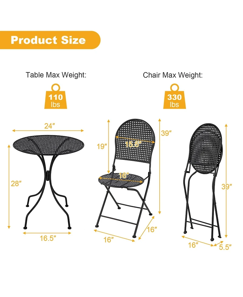 Gymax 3 Pcs Patio Bistro Set All-weather Metal Table & Chair Set for 2 Person Modern Furniture Set
