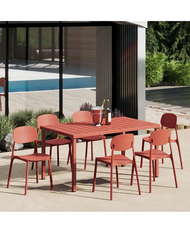 7-Piece Outdoor Rectangular Metal Patio Dining Table Set With Mid-Century Modern Stackable Side Chairs