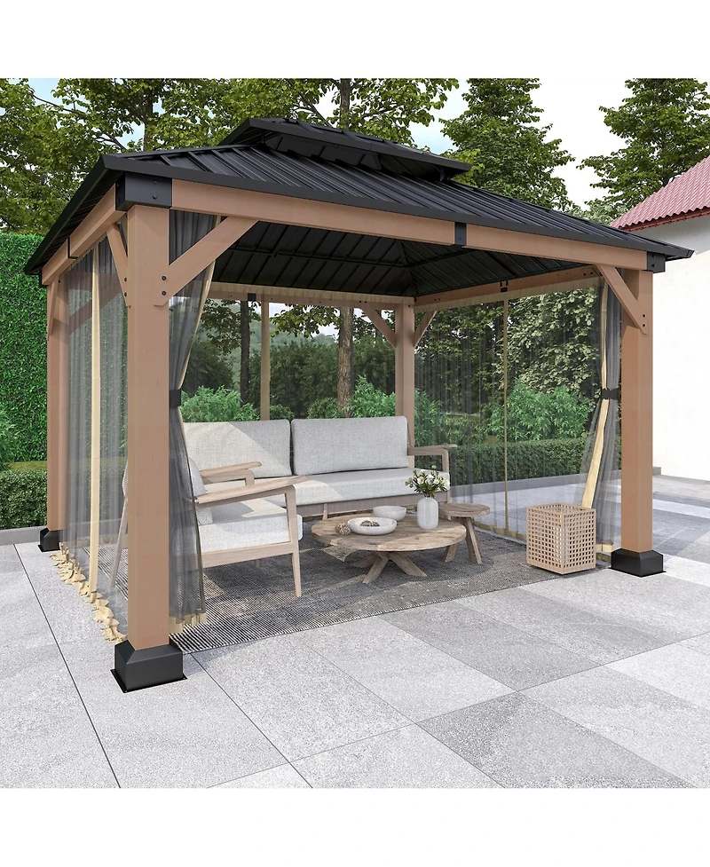 Mondawe 12 ft. x 10 ft. Outdoor Fir Solid Wood Frame Patio Gazebo Canopy Shelter with Galvanized Steel Hardtop Roof Pavilion