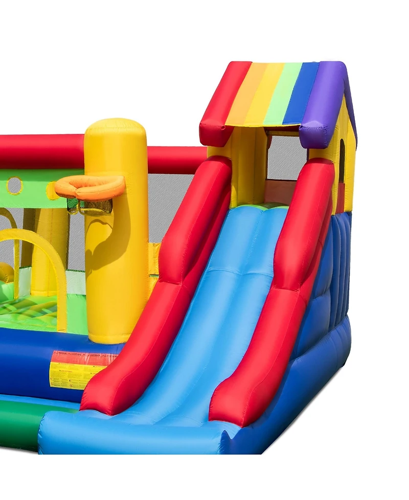 Costway Kids Colorful Rainbow Inflatable Bounce Castle with 50 Ocean Balls & 735W Blower