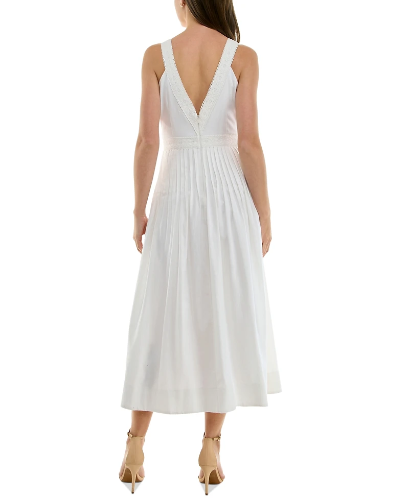 Taylor Women's V-Neck Lace-Trim Pleated A-Line Dress