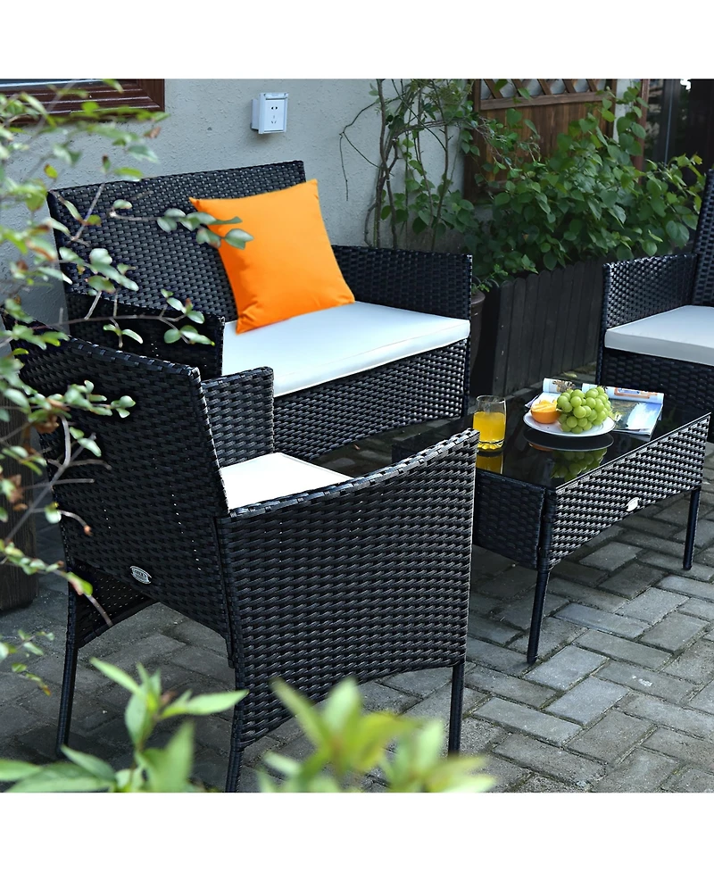 4PCS Patio Rattan Furniture Set Cushioned Sofa Coffee Table Backyard Porch