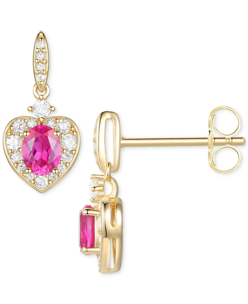 Lab Grown Ruby (5/8 ct. t.w.) & Lab Grown White Sapphire (1/3 ct. t.w.) Heart Halo Drop Earrings in 14k Gold-Plated Sterling Silver