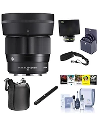 Sigma 56mm f/1.4 Dc Dn Contemporary Lens for Fujifilm X, Bundle with 55mm Filter Kit, Flex Lens Shade, Lens Pouch, Lens Cleaner, Cleaning Kit