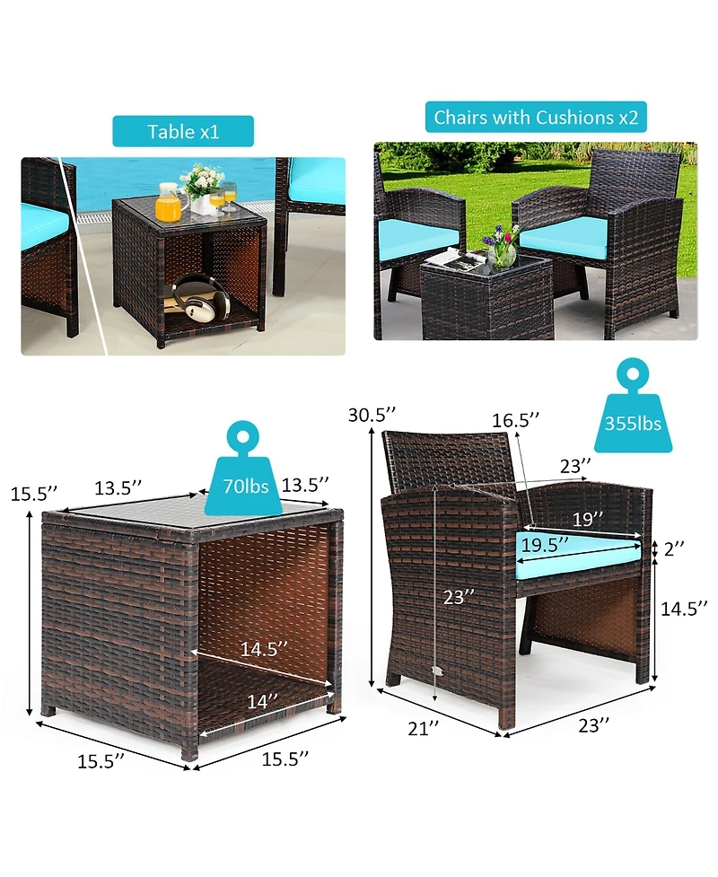 3PCS Patio Rattan Wicker Furniture Cushion Sofa Coffee Table