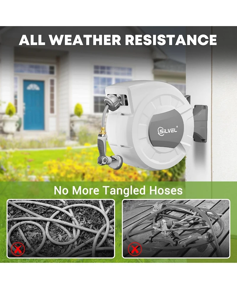 Silvel Retractable Garden Hose Reel, 1/2 in x ft Wall Mounted Garden Hose Reel, with 10 Pattern Nozzle, Any Length Lock, Slow Return System