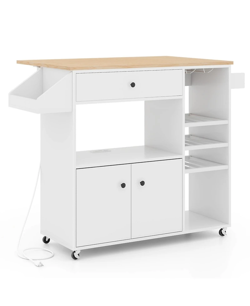 Rolling Kitchen Island Cart with Drop Leaf, Power Strip & Adjustable Shelf – Portable Prep Station