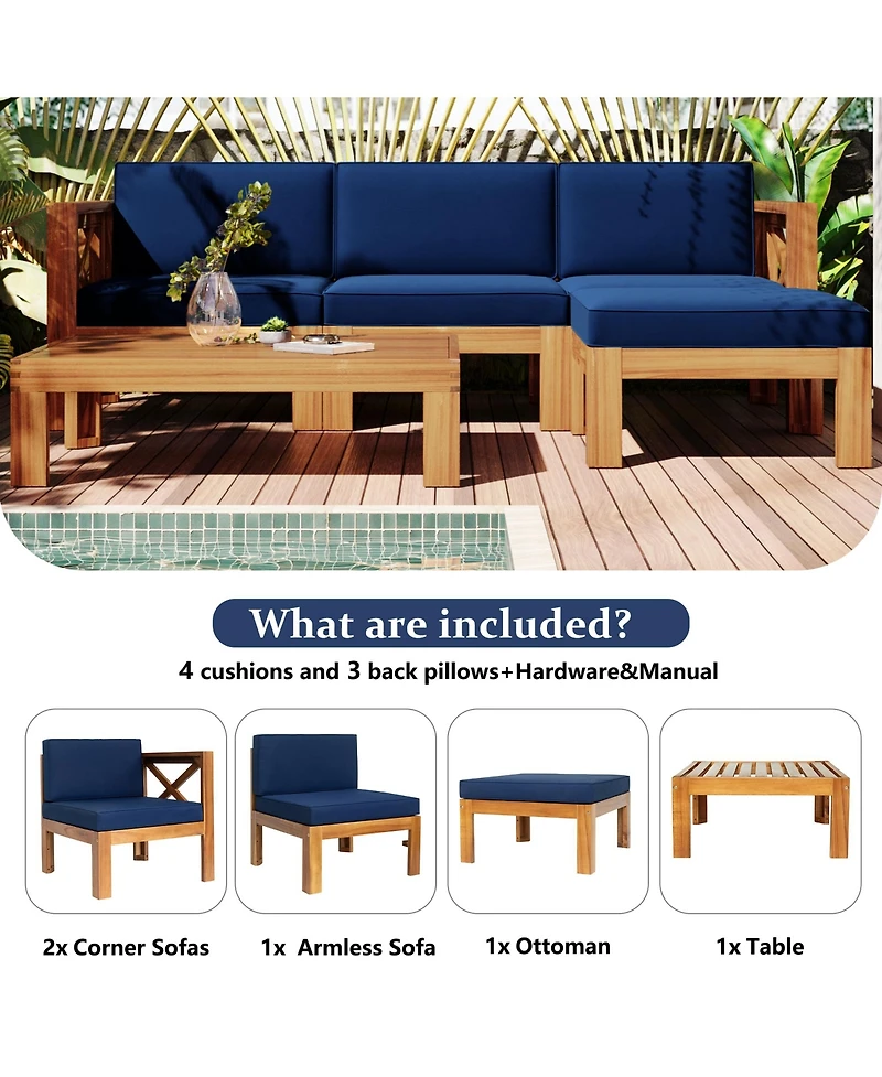 Mondawe Outdoor Wood 5-Piece Sectional Sofa Seating Group Set with Cushions