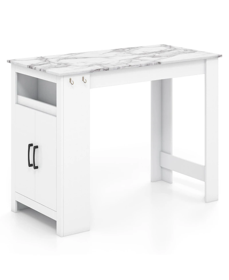 Faux Marble Bar Table with Storage Shelf and 7 Hooks for Home Bar or Kitchen