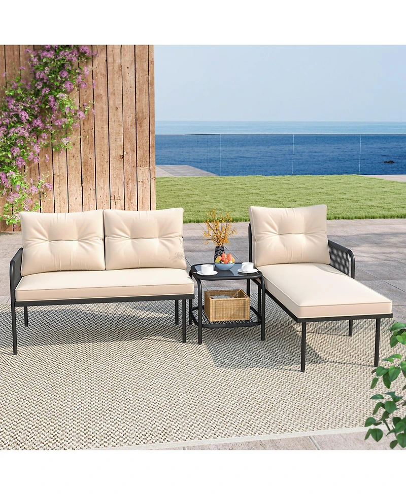 Gymax 3-Piece L Shaped Patio Furniture Set w/Tempered Glass Table Back & Seat Cushions