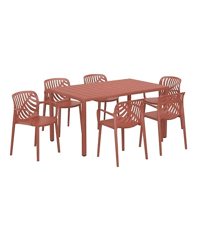 7-Piece Outdoor Metal Rectangle Patio Dining Table Set With Stackable Resin Patio Dining Chairs