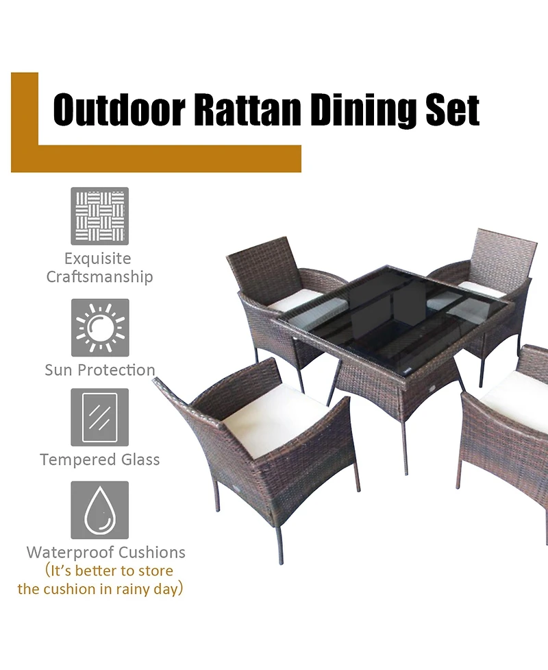 Gymax 5PCS Rattan Patio Dining Table Set Outdoor Furniture Set w/ 4 Seat Cushions