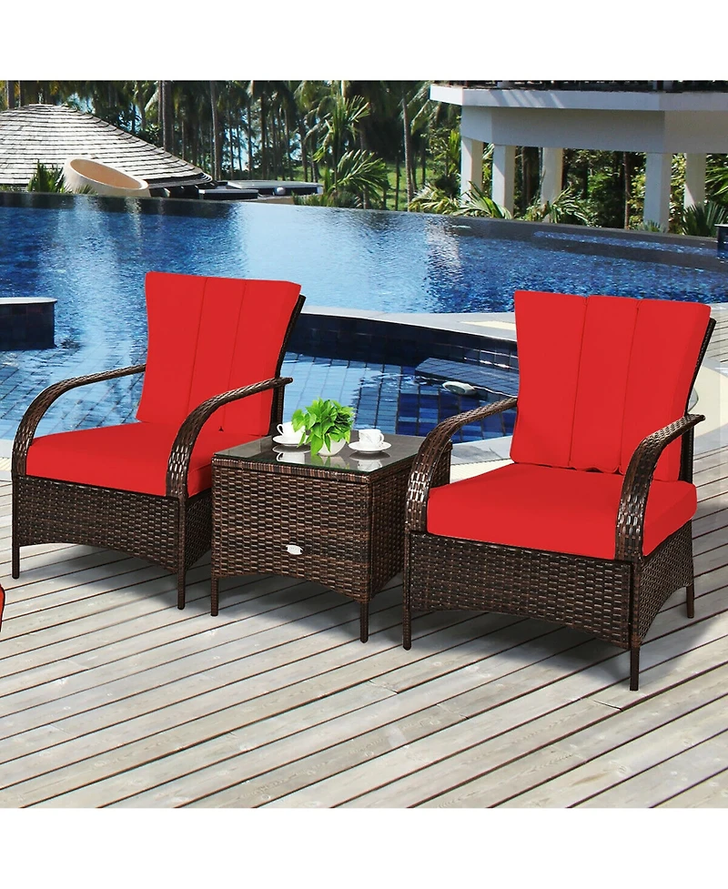 3 Pcs Patio Rattan Furniture Set Coffee Table & 2 Rattan Chair