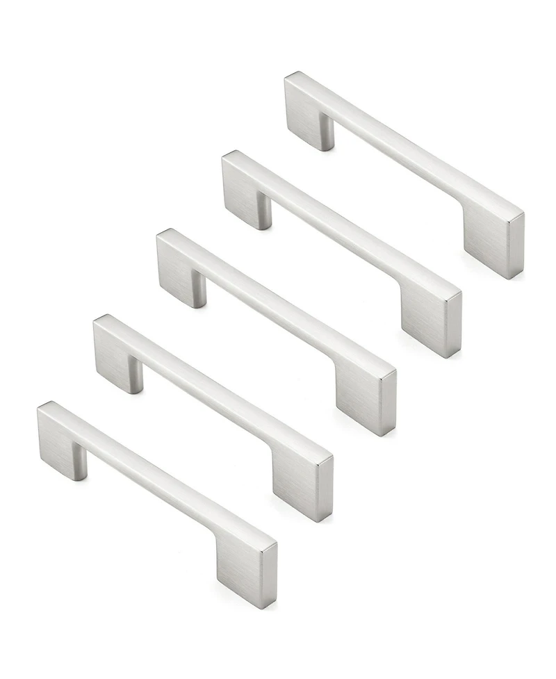 Cauldham 5 Pack Solid Kitchen Cabinet Pulls Handles (3-5/8" Hole Centers) - Modern Thin Profile Drawer/Door Hardware - Style M255 - Satin Nickel