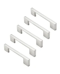 Cauldham 5 Pack Solid Kitchen Cabinet Pulls Handles (3-5/8" Hole Centers) - Modern Thin Profile Drawer/Door Hardware - Style M255 - Satin Nickel