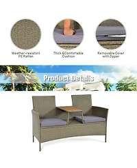 2-Person Patio Rattan Conversation Furniture Set Loveseat Coffee Table