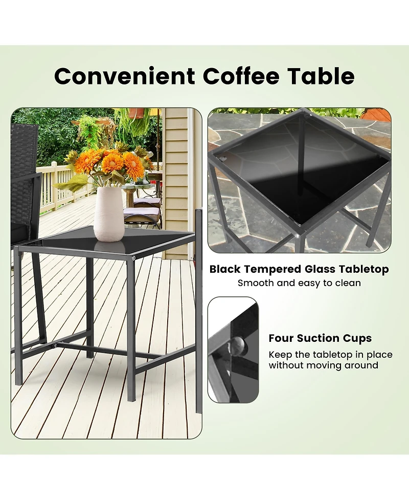 3pcs Patio Furniture Set Heavy Duty Cushioned Wicker Rattan Chairs Table Outdoor
