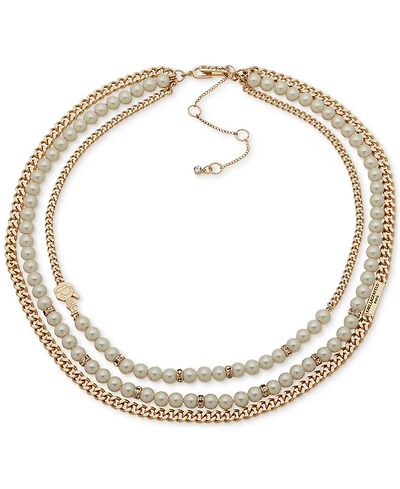 Karl Lagerfeld Paris Gold-Tone Pave & Imitation Pearl Layered Collar Necklace, 16" + 3" extender