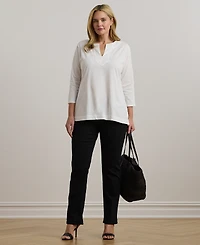 Lauren Ralph Women's Plus Split-Neck Three-Quarter Sleeve Cotton Tunic