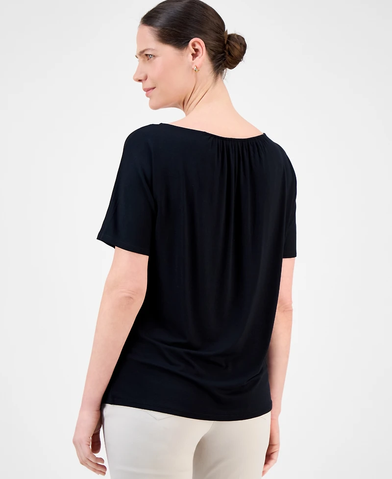 Jm Collection Women's Solid Pleat Neck Short-Sleeve Top, Exclusively at Macy's