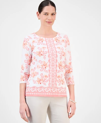 Jm Collection Women's Printed 3/4 Sleeve Scoop-Neck Jacquard Top