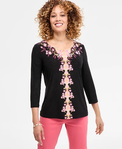 Jm Collection Women's Printed 3/4 Sleeve Scoop-Neck Jacquard Top