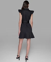 Karl Lagerfeld Paris Women's Flutter-Sleeve Belted Flounce-Hem Dress