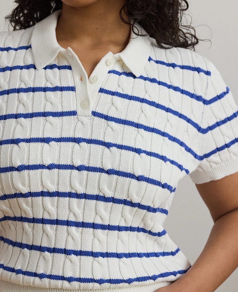 Lauren Ralph Lauren Plus Size Striped Cable-Knit Cotton Polo Sweater