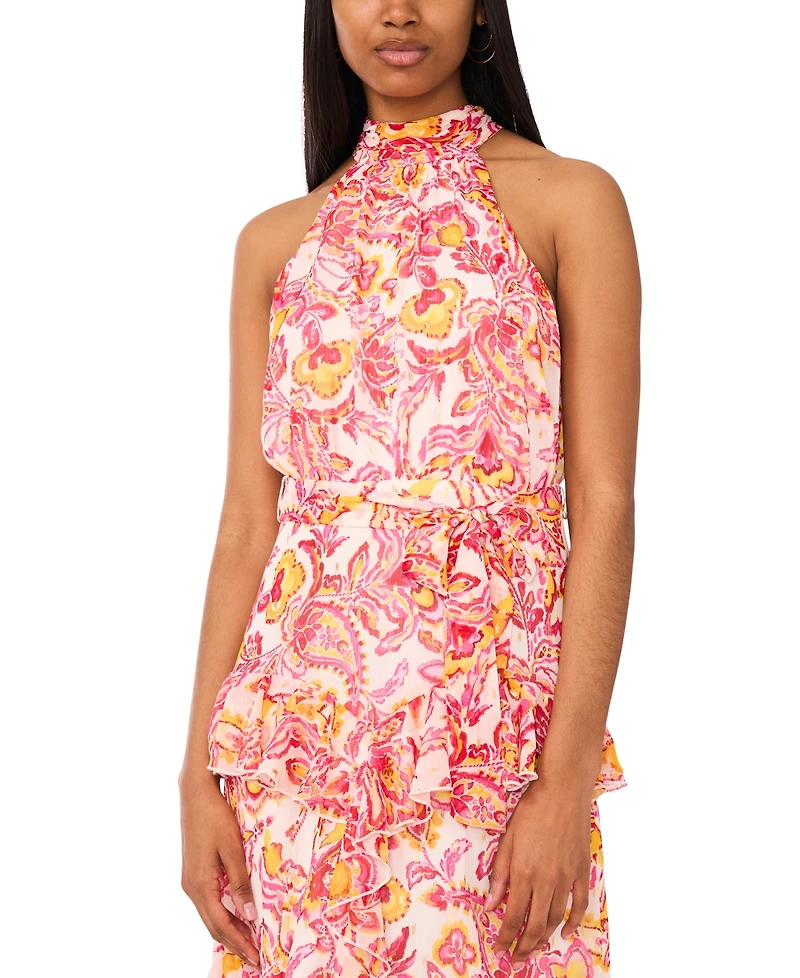 CeCe Women's Printed Sleeveless Tiered-Ruffle-Trim Dress