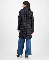 CeCe Women's Long Boucle Windowpane Quilted Coat