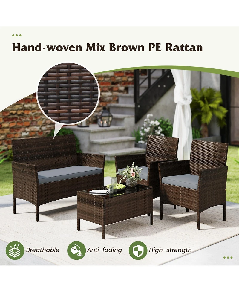 4 Pieces Patio Conversation Set, Patio Pe Rattan Outdoor Set w/