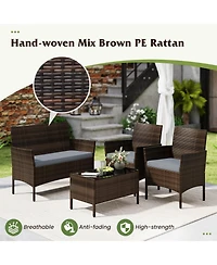 4 Pieces Patio Conversation Set, Patio Pe Rattan Outdoor Set w/
