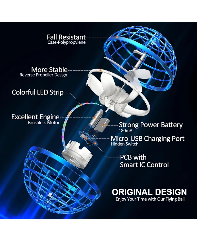 2024 Flying Orb Ball Toy – Boomerang Hover Ball with Rgb Lights, Hand-Controlled Drone for Kids & Adults (Blue)