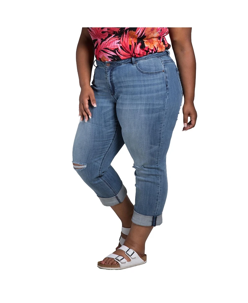 Poetic Justice Plus Curvy-Fit Slight Rip Roll-Up Boyfriend Jeans
