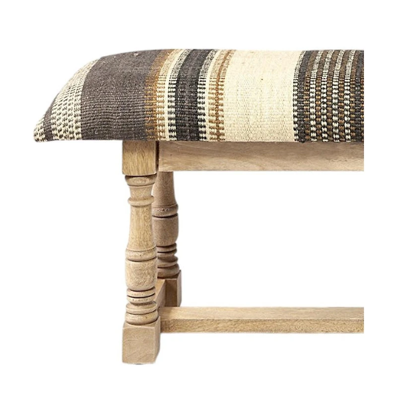 Striped Jute Upholstered Accent Bench for Living Room or Hallway