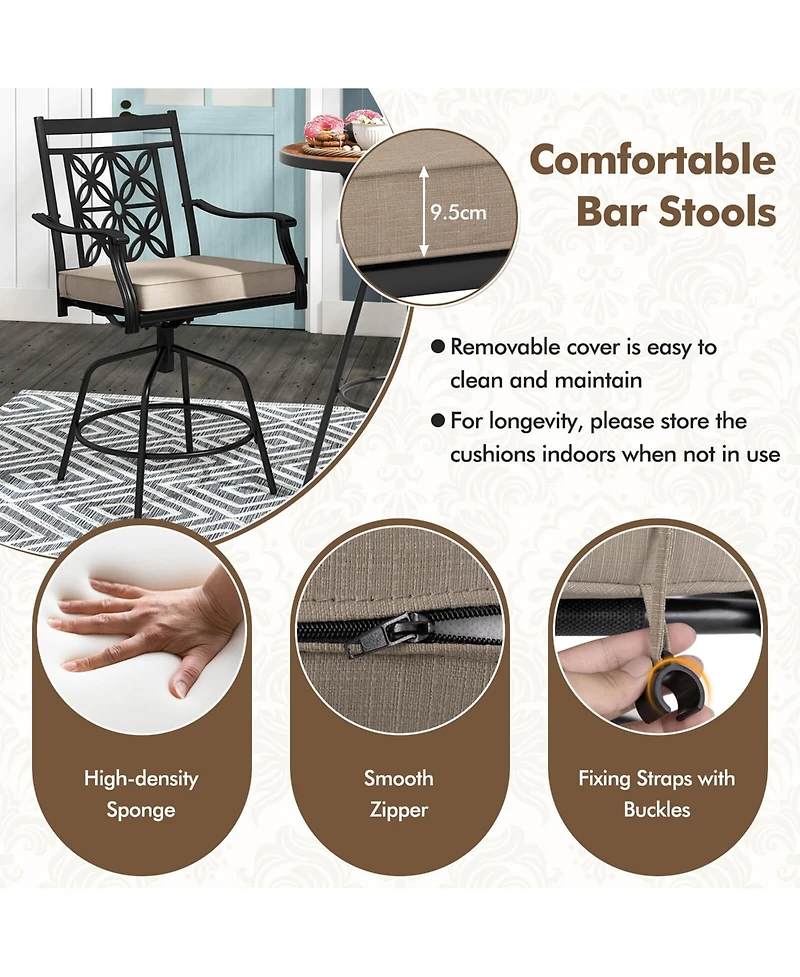 Outdoor 360°Swivel Bar Stools Set of 4 with Seat Cushions High Back & Armrests