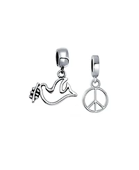 Bling Jewelry Set of 2 Inspirational World Peace Sign & Dove Dangle Charm Bead Sterling Silver