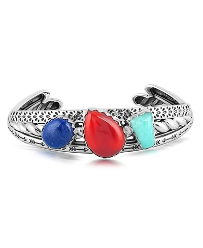 Sterling Silver Red Onyx, Amazonite and Lapis 3 Row Twist Cuff, Sizes Large