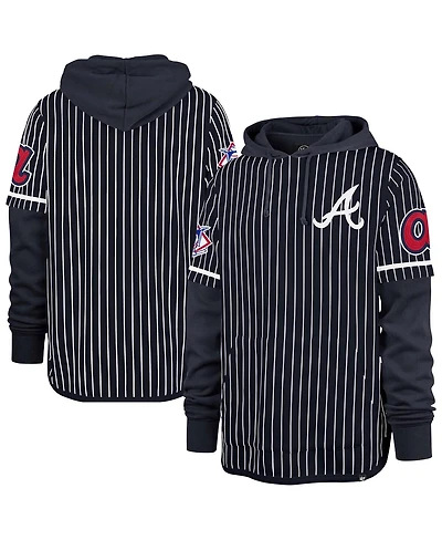 '47 Brand Men's Navy Atlanta Braves Pinstripe Double Header Pullover Hoodie
