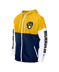 New Era Men's Navy/Gold Milwaukee Brewers Color Block Full-Zip Hoodie Windbreaker Jacket
