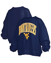 Pressbox Women's Navy West Virginia Mountaineers Janise Arch Over Logo Waist Length Oversized Pullover Sweatshirt