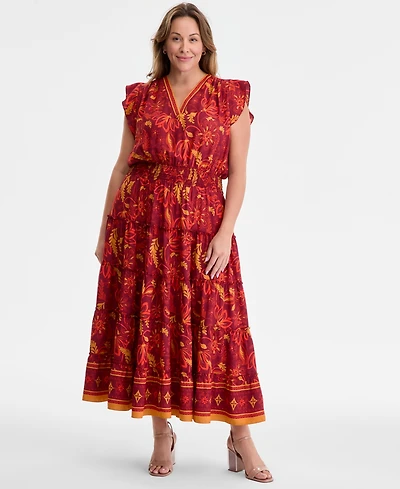 Vince Camuto Plus Printed Smocked-Waist Flutter-Sleeve Maxi Dress
