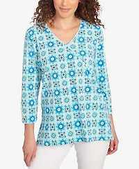 Ruby Rd. Petite Medallion Tile Floral Faux Surplice Top