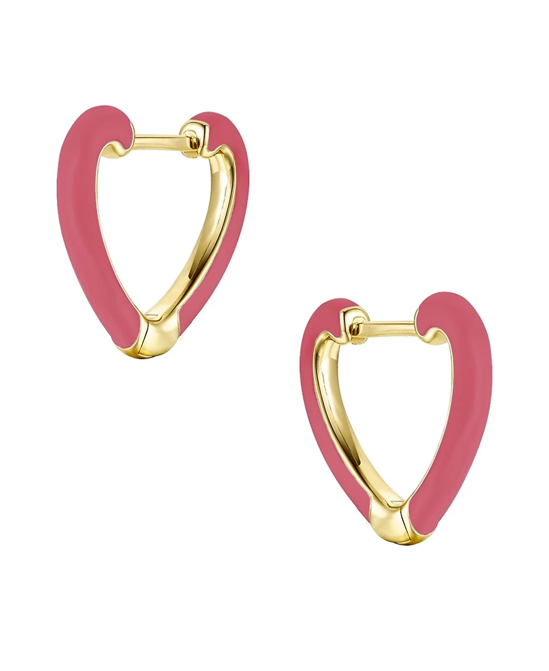Children's 14k Gold Plated with Magenta-Red Enamel Inlay Heart Hoop Earrings