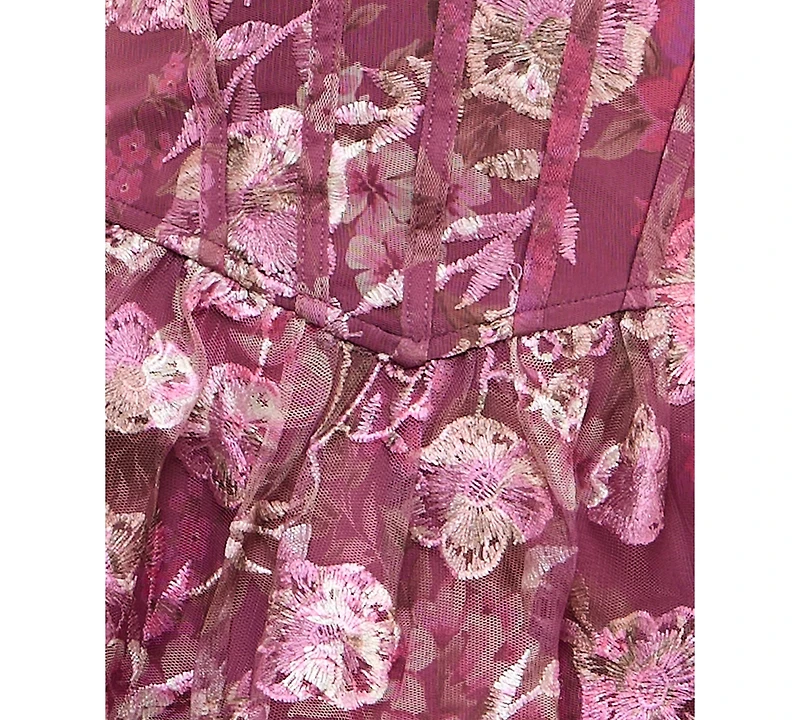 Trixxi Juniors' Printed Strapless Embroidered Tiered Dress