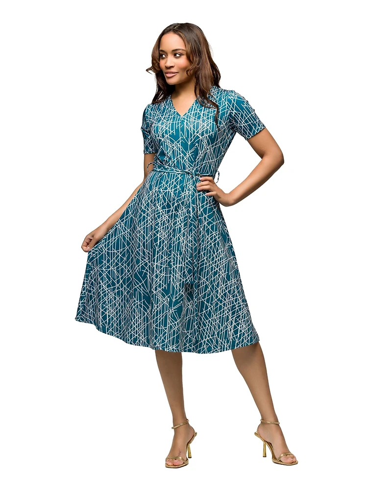 24seven Comfort Apparel Women's Short Sleeve Tie Waist Midi Dress