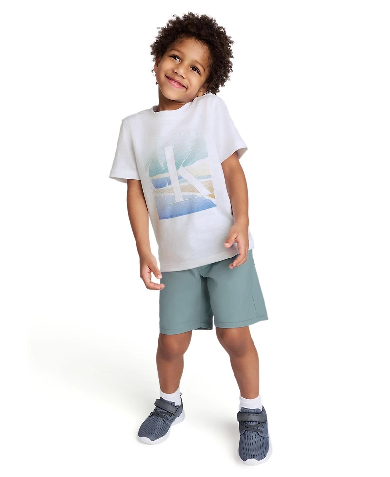 Calvin Klein Toddler and Little Boys Scenic Logo Short Sleeve Tee Twill Shorts, 2-Piece Set