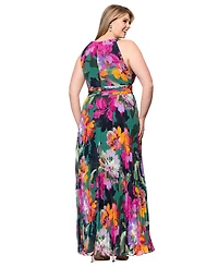 Xscape Plus Printed Halter-Neck Pleated Sleeveless Gown