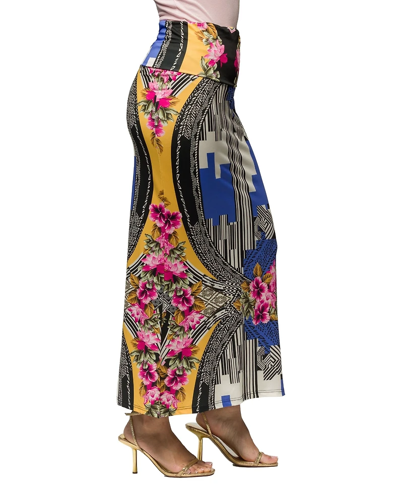 24seven Comfort Apparel Women's Multicolor Floral Print Fold Over Waist Maxi Skirt