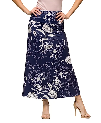 24seven Comfort Apparel Women's Navy Floral Print Elastic Waist A Line Maxi Skirt